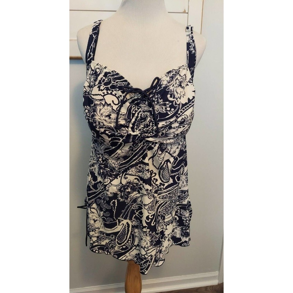 Septangle Size 24W Swimsuit Top Navy White Floral Built In Bra No Wire